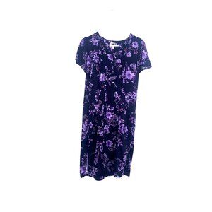Womens Floral Print Dress Short Sleeve Button Front Relaxed Fit Medium Purple &